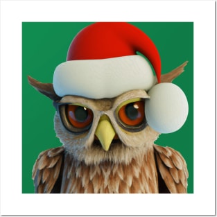 Funny Christmas Owl Wearing Santa Hat Posters and Art